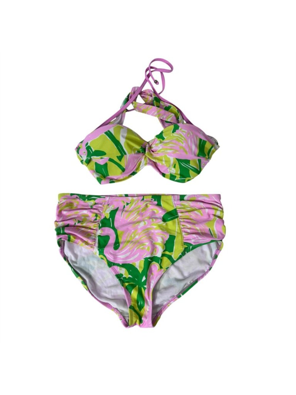 Lilly Pulitzer 2 Piece Swimsuit Bikini Fan Dance Green Pink Flamingo Size XL 16W